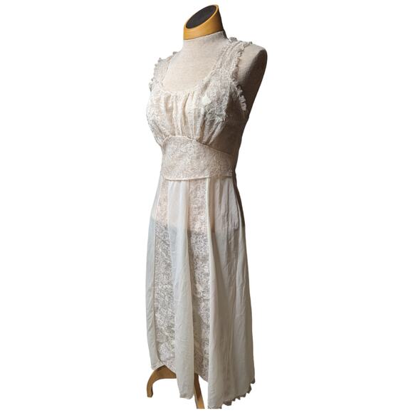 Vtg 1970s Ivory Bias Cut Lace Trim Nylon Floral Applique Midi Slip Dress S 34 - Picture 1 of 6